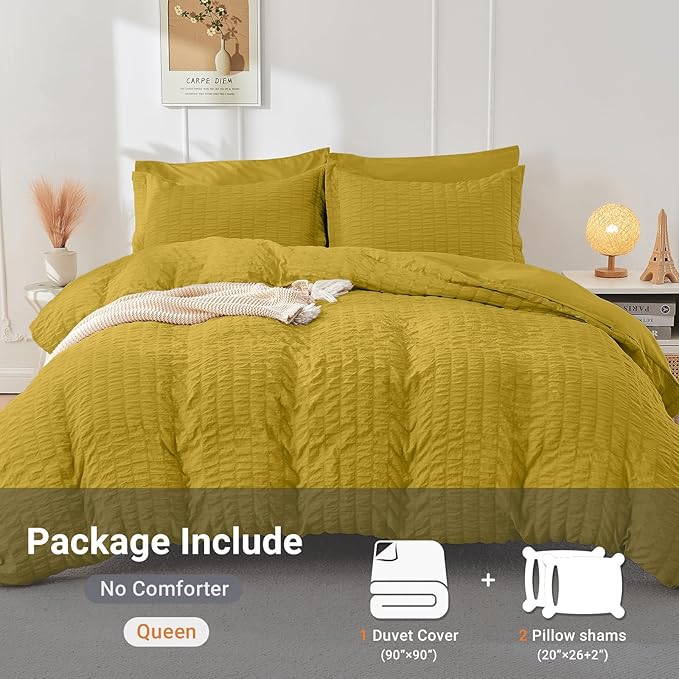HYMOKEGE Mustard Yellow Duvet Cover Full Size, Ultra Soft 3-Piece Seersucker Duvet Cover Set with Zipper Closure, Soft Brushed Microfiber Bedding Set with 8 Corner Ties (80"x90", 2 Pillowshams)