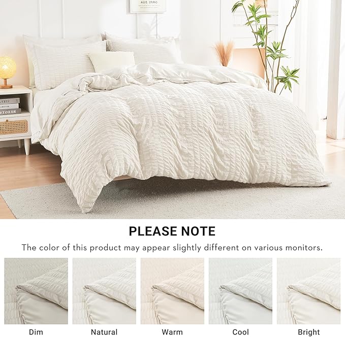 HYMOKEGE Ivory Queen Comforter Set Seersucker 7 Pieces, All Season Luxury Bed in a Bag for Bedroom, Bedding Set with Comforters, Sheets, Pillowcases & Shams