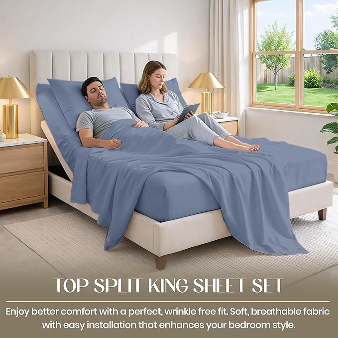 SGI Bedding 36" King Split Top Flex Head sheet 100% Egyptian Cotton Sheet Set 1000 Thread Count Flex Top Sheet for Adjustable Bed 4Pc Sheet Set 15" Deep Pocket for Sleep Number bed, Mediterranean Blue