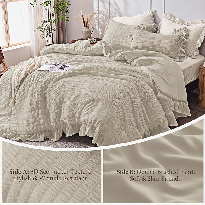 JOLLYVOGUE Twin Size Comforter Set, 2 Pieces Oatmeal Seersucker Lightweight Fluffy Bedding Set, Twin Ruffle Comforter, All Season Soft Microfiber Shabby Chic Bed Set
