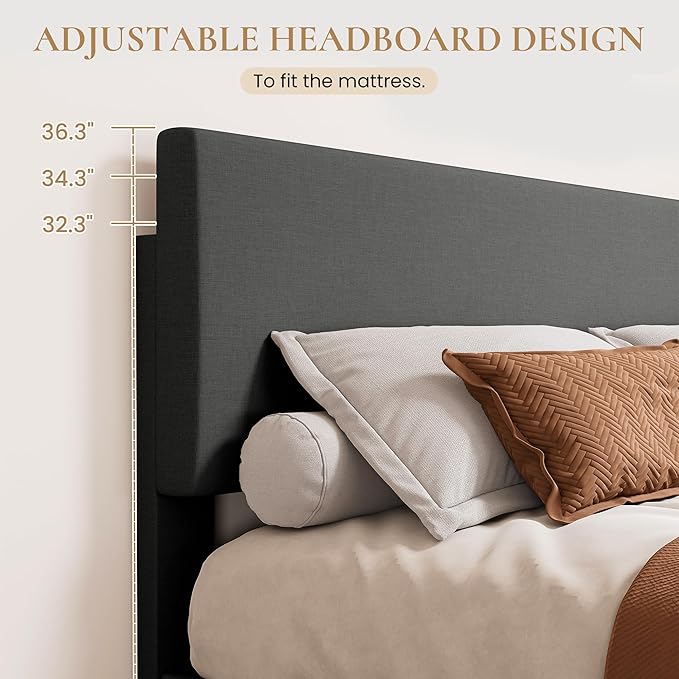 SHA CERLIN Dark Grey King Platform Upholstered Bed Frame with Adjustable Headboard, Wood Slats Support, No Box Spring Needed, Easy Assembly, Easy Clean Up