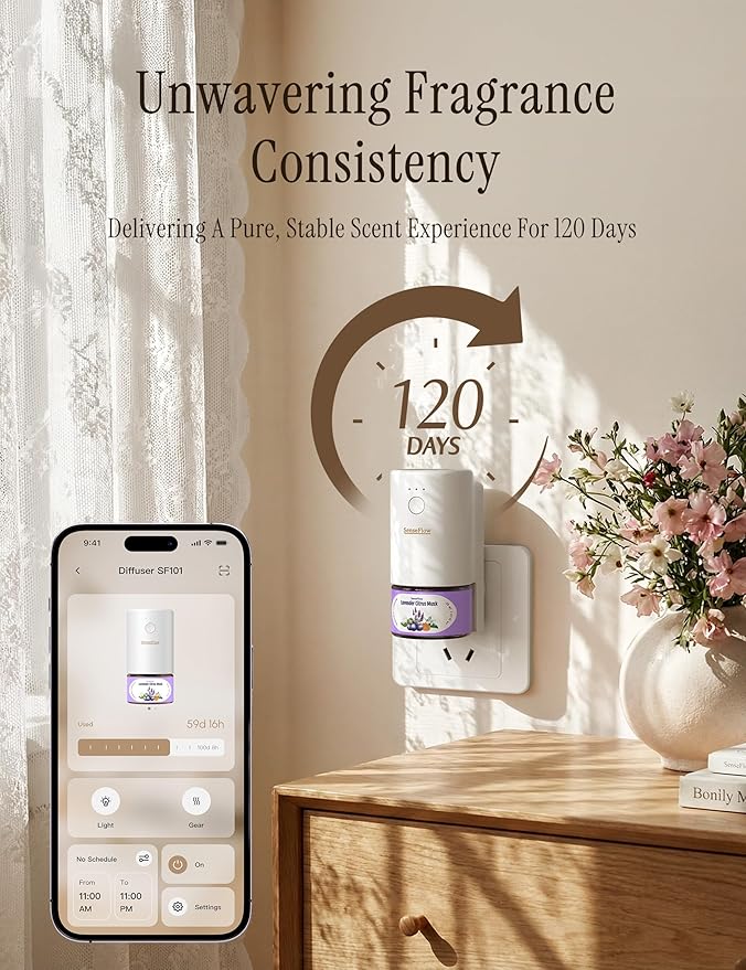 SF101S Pro Smart Plug in Air Freshener for Home, Waterless Essential Oil Diffuser, Aromatherapy Home Diffuser, 120-Day Natural Aroma Mist – Free 30ml White Tea (Espresso Brown)