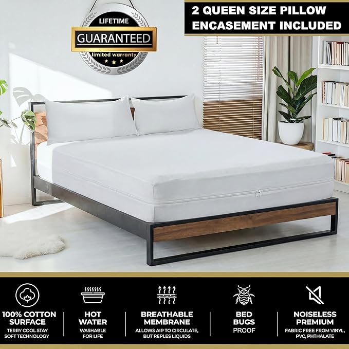 MATTSHIELD Ultimate Sensitive Skin 3-Piece Kit – Twin XL Size Bed Bug Mattress Protector + 2 Zippered Pillow Covers – Organic Cotton Terry Top – Waterproof 6-Sided Encasement, Soft & Breathable