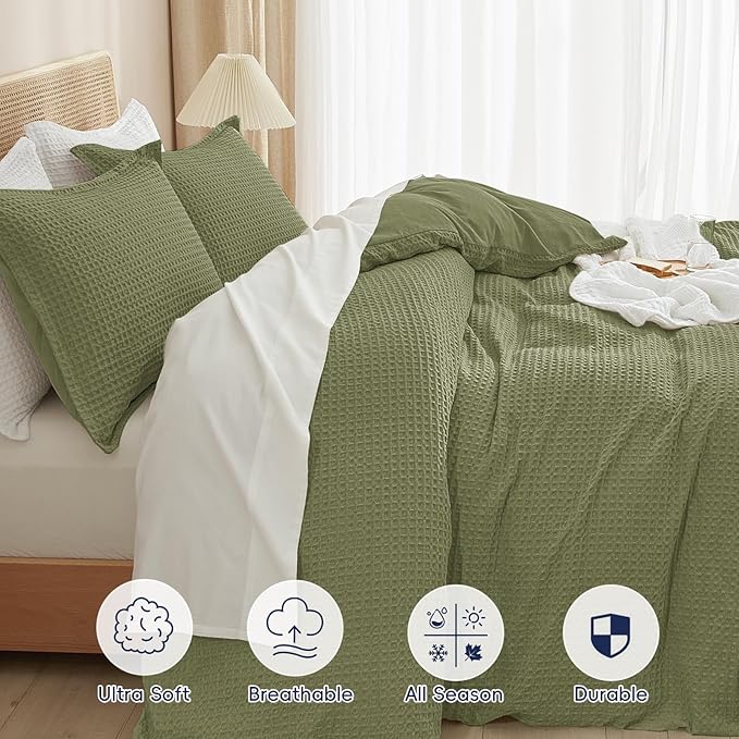 PHF Waffle Weave Duvet Cover Set King Size, No Snagging Ultra Soft Luxury Textured Breathable Comforter Cover for All Season 3pcs, Durable Bedding Duvet Set with 2 Pillow Shams, 104"x90", Olive Green