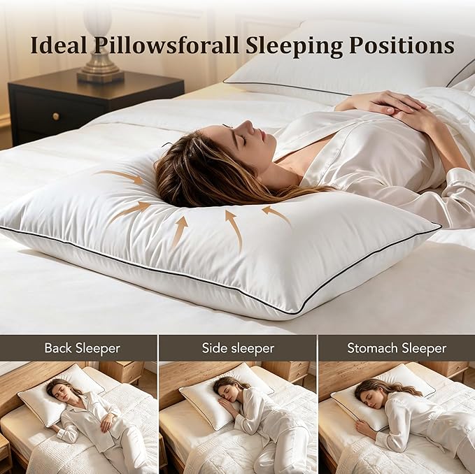 Premium Pillows Queen Size Set of 2,Luxury Hotel Collection Quality Soft Fluffy and Supportive Down Fiber Bed Pillows, Breathable Cotton Shell Cover