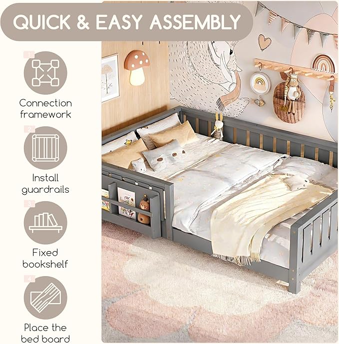 Bellemave Queen Floor Bed Frame with Fence & Bookshelf, Solid Pinewood Montessori Floor Bed Frame Queen with Slats Load 550LBS, Low Floor Bed for Kids, Bedroom, Nursery, Easy Assembly, Grey