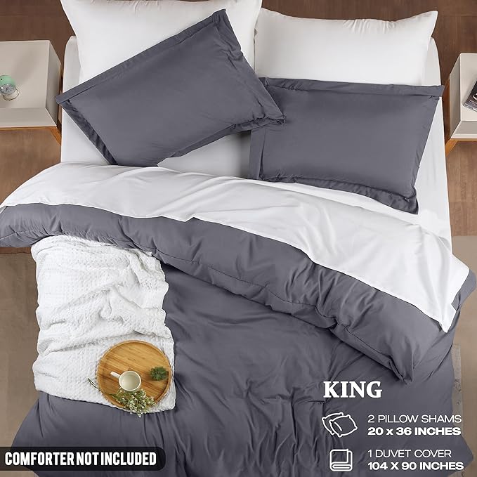 Utopia Bedding Duvet Cover King Size - 3 Piece with Zipper Closure - 1 Comforter Cover 104X90 Inches & 2 Pillow Shams 20X36 Inches (Grey) Comforter Not Included