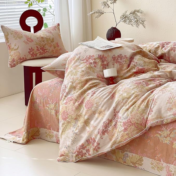 VM VOUGEMARKET Pastoral Double Layer Gauze Cotton Duvet Cover Set – Peach Blush Floral Jacquard,Cozy Reversible Vintage Bedding Set King Size