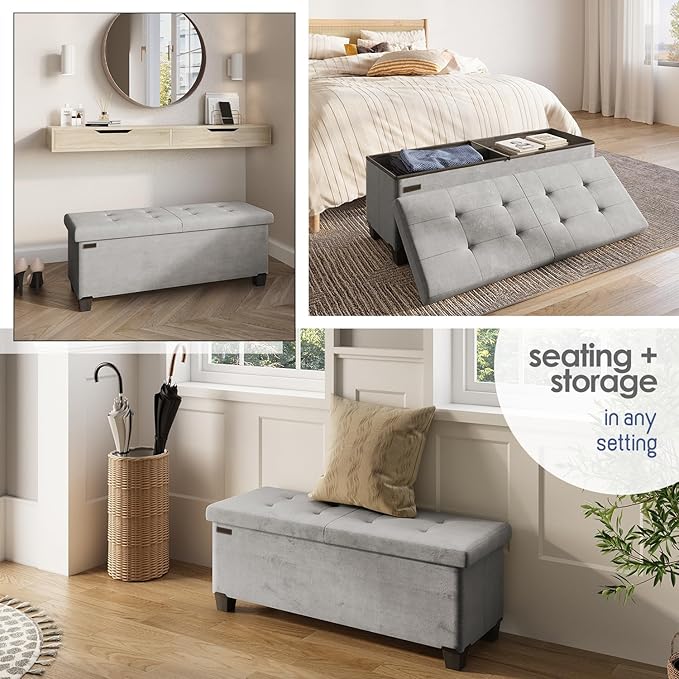 Storage Ottoman Bench with Bins, 43-in Storage Bench for Bedroom End of Bed, Folding Foot Rest Ottoman for Living Room Max 660lbs, Velvet Ottomans, Light Grey