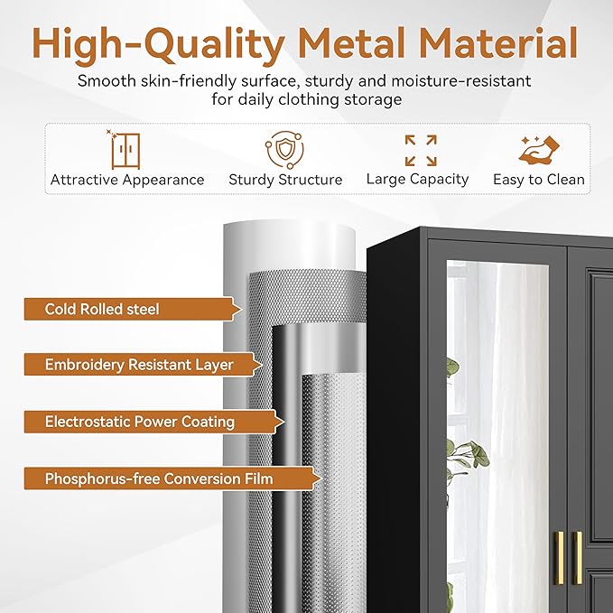 Polup Metal Armoire Wardrobe Closet with Mirror, 71" Tall Steel Clothing Storage Cabinet with 2 Doors, Hanging Rod and Adjustable Shelves, Freestanding Clothes Organizer for Bedroom, Office, Black