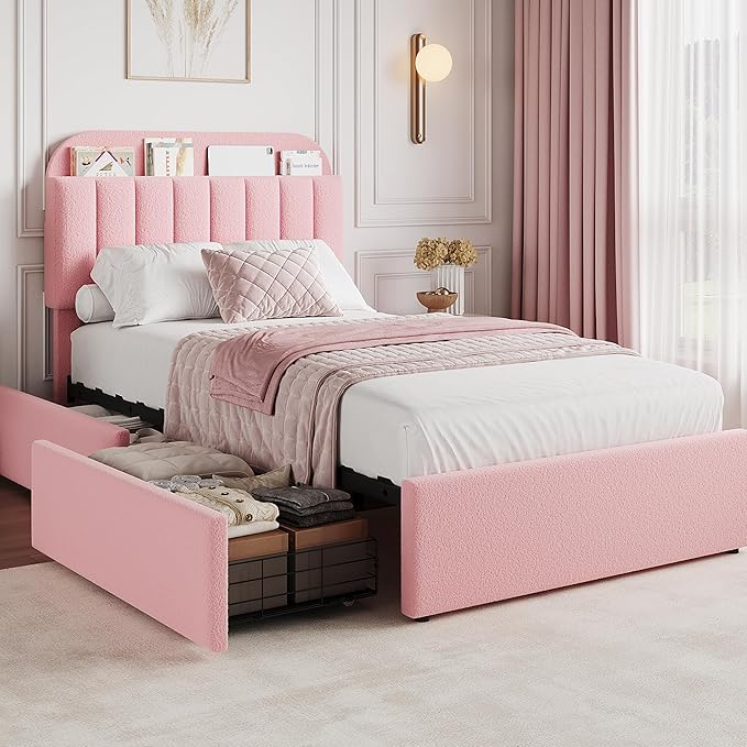 GarveeHome Twin Bed Frame with Storage Headboard, Girls Bed Frame with 2 Drawers, Boucle Upholstered Platform Bed with Bookcase, No Box Spring Needed, Easy Assembly, Light Pink