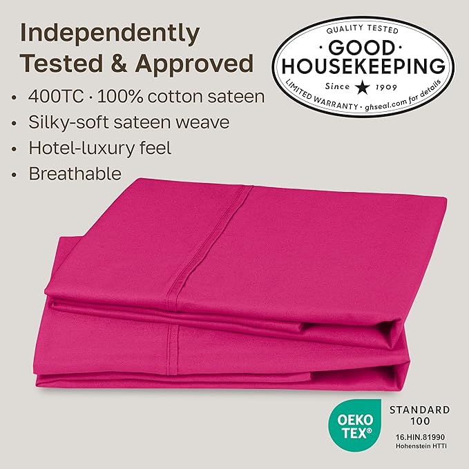 California Design Den Standard/Queen Size Pillow Cases Set of 2-400 Thread Count Sateen, Natural 100% Cotton Pillow Cases Standard Size, Soft, Roomy and Breathable - Hot Pink