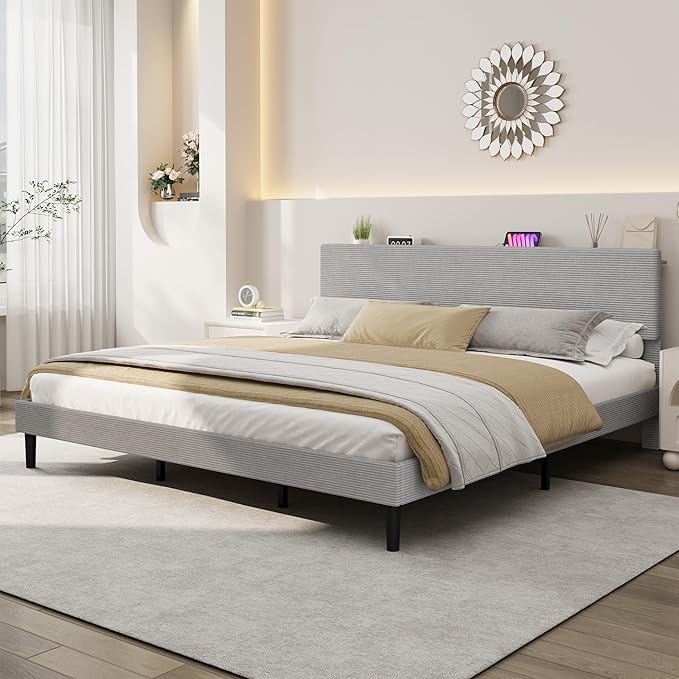 IDEALHOUSE King Size Bed Frame, Platform Bed with Adjustable Corduroy Upholstered Storage Headboard and Charging Station, Sturdy Metal Support, Noise Free, Easy Assembly, Gray