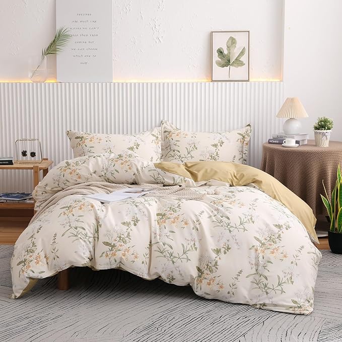 OAITE Duvet Cover Set King Size Floral Pattern 600 Thread Count Ultra Soft 100% Long Staple Cotton Duvet Cover Sets 3-PC, Breathable Duvet Cover with Zipper Closure & Corner Ties