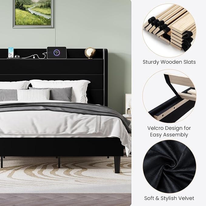 SHA CERLIN King Size Bed Frame with Charging Station, Velvet Upholstered Platform Bed, Wingback Storage Headboard, Type-C & USB Ports, Strong Wooden Slats, No Box Spring Needed, Easy Assembly, Black