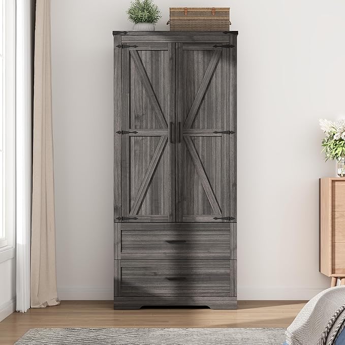Hlivelood 2 Doors Wardrobe Armoire Closet with Doors and Drawers, Farmhouse Wooden Armoire Storage Cabinet with Shelves & Hanging Rod for Bedroom, Grey
