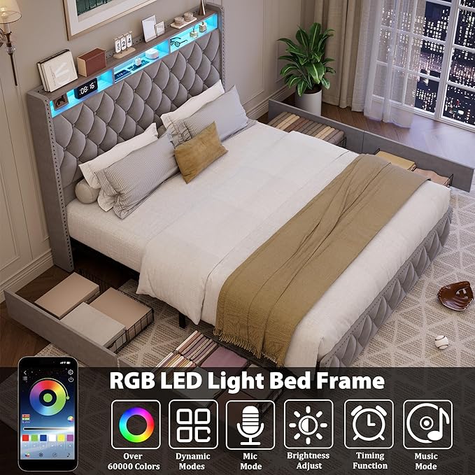 GarveeHome King Size Bed Frame with 50.8" Tall Headboard, Platform Velvet Upholstered Bed Frame with 4 Storage Drawers, USB Charging Station, Led Lights, No Box Spring Needed, Easy Assembly, Dark Grey