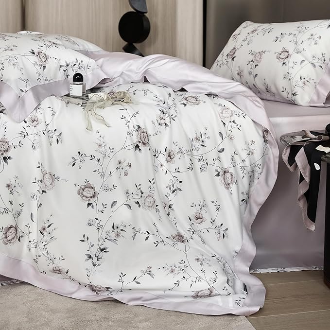 VM VOUGEMARKET Lilac Flower Duvet Cover Queen Silk-Like Smooth & Cool Eucalyptus Lyocell Duvet Cover with 2 Pillow Shams,Moisture Wicking Cooling Bedding Set for Summer-Queen,Purplish Grey