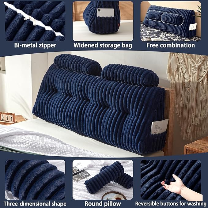 Rycwola Faux Fur Headboard Pillow with 2 Pack Neck Roll Pillow Large Headboard Pillow Soft and Supportive with Removable Cover (Blue, Full)