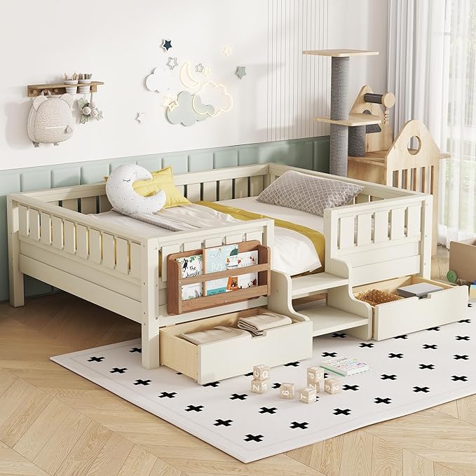 Bellemave Full Size Kids Montessori Bed with Stairs and Bookshelf,Solid Wood Full Size Kids Bed Frame with Drawers and Storage for Girls Boys,Low-Profile,Beige