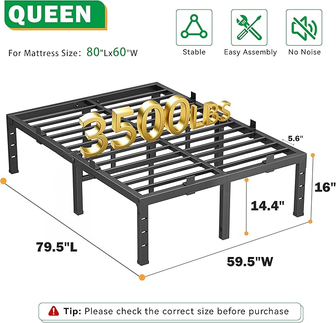 16 Inch Queen Bed Frames,Heavy Duty Metal Queen Size Platform 3500 lbs Capacity, No Box Spring Needed, 6 Mattress Slide Stopper, Headboard Holes, Noise-Free, Easy Assembly