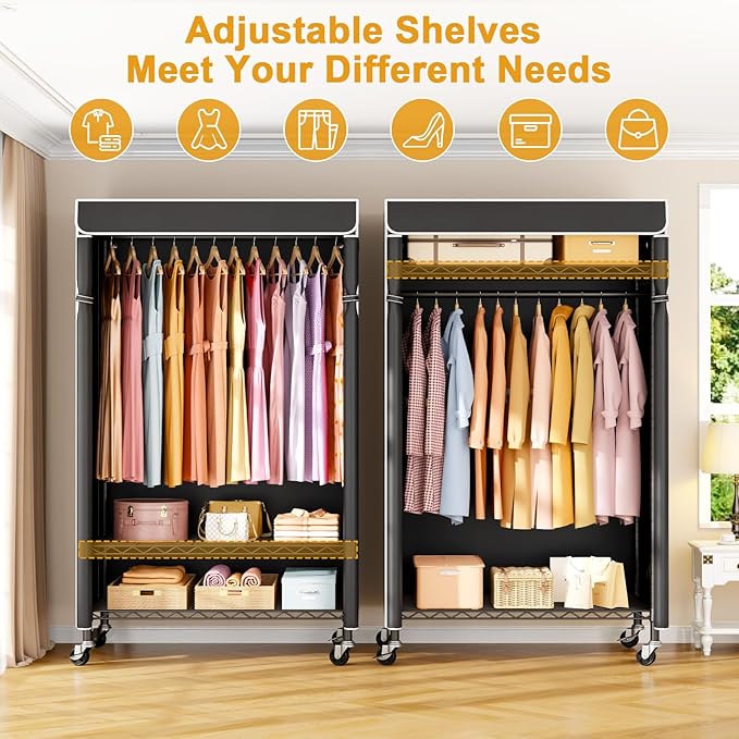 ULIFHOME P6C Rolling Clothes Rack with Cover, Covered Clothing Racks Heavy Duty, Portable Closet for Hanging Clothes, Garment Racks on Wheels, Black Closet Rack with Black Cover, Max Load 365LBS