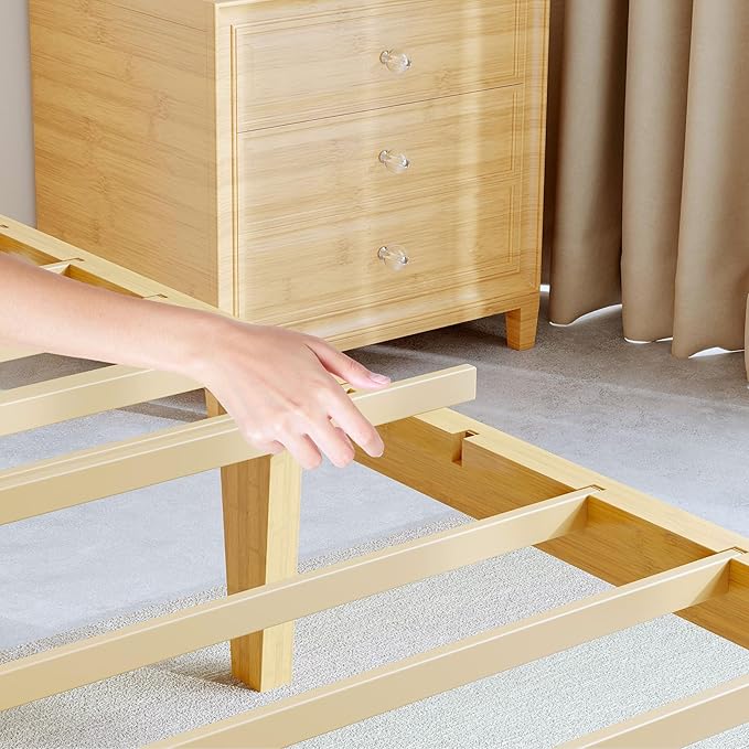 BOSRII 12in High Solid Bamboo Wood Platform Full Size Bed Frame with Headboard, Reinforced Heavy Duty Metal Slats, Noise Free, No Box Spring Needed, Easy Assembly