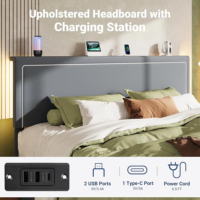Allewie King Size Lift Up Storage Bed Frame with Charging Station & LED Lights, Adjustable Velvet Upholstered Storage Headboard, Type-C & USB Ports, Hydraulic Support, No Box Spring Needed, Grey