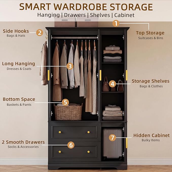 YESHOMY Armoire Wardrobe Closet with Drawers, 70.9" H x 21.1" D Wooden Closet with Hanging Rod, Fixed Shelves & Bottom Cabinet, Soft-Close Doors, Ball-Bearing Slides (Black)
