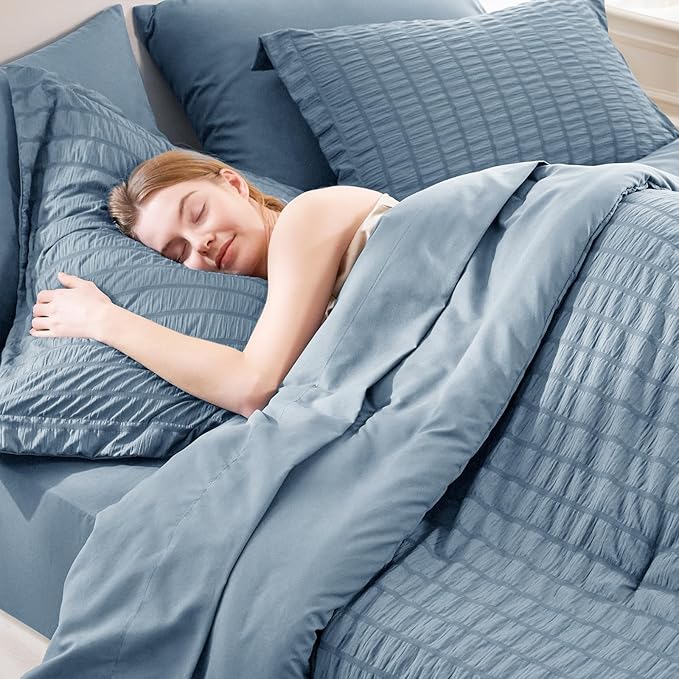 CozyLux Oversized Queen Comforter Set Grayish Blue Seersucker 7 Pieces 98x98 Bed in a Bag Comforter Set with Sheets, Dusty Blue Bedding Set with Down Alternative Comforter, Sheets, Pillowcases & Shams