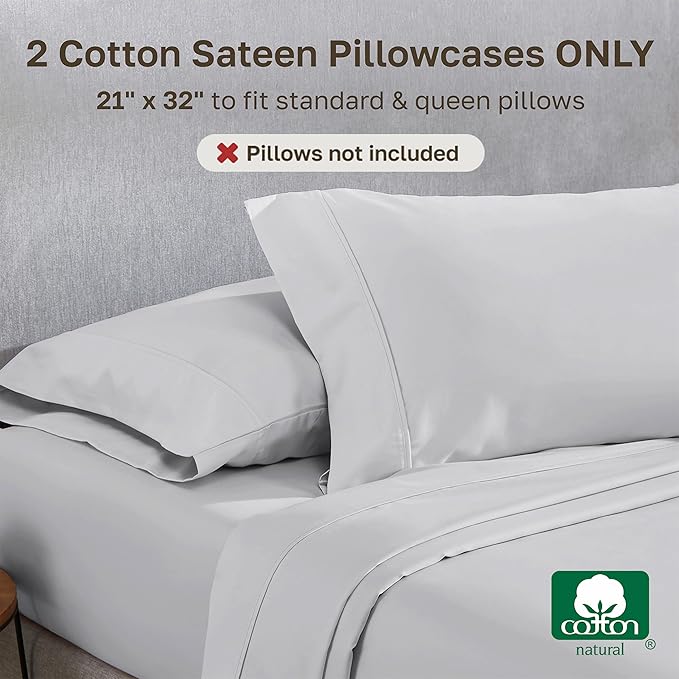 California Design Den Queen/Standard Pillow Cases Set of 2-400 Thread Count Sateen, Natural 100% Cotton Pillowcases Queen, Soft, Roomy and Breathable - Silver