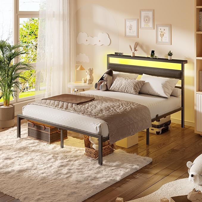 OURPIC Full Size Bed Frame, Bed Frame Full with LED Lights and Charging Station Headboard, Black Metal Platform Bedframe and Storage Shelf, No Box Spring Needed, Noise Free