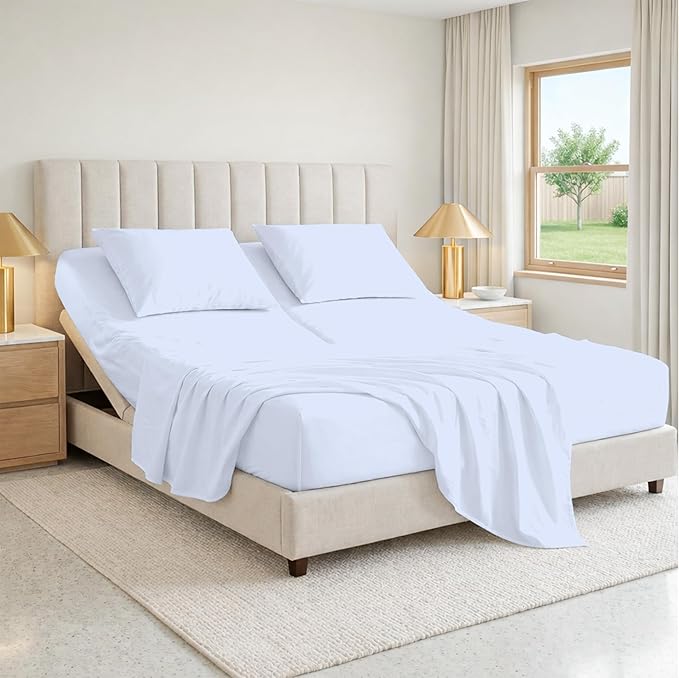 SGI bedding 36" King Split Top Flex Head Sheet 100% Egyptian Cotton Sheet Set 1000 Thread Count Flex Top Sheet for Adjustable Bed 4Pc Sheet Set 15" Deep Pocket for Sleep Number Bed- Light Blue