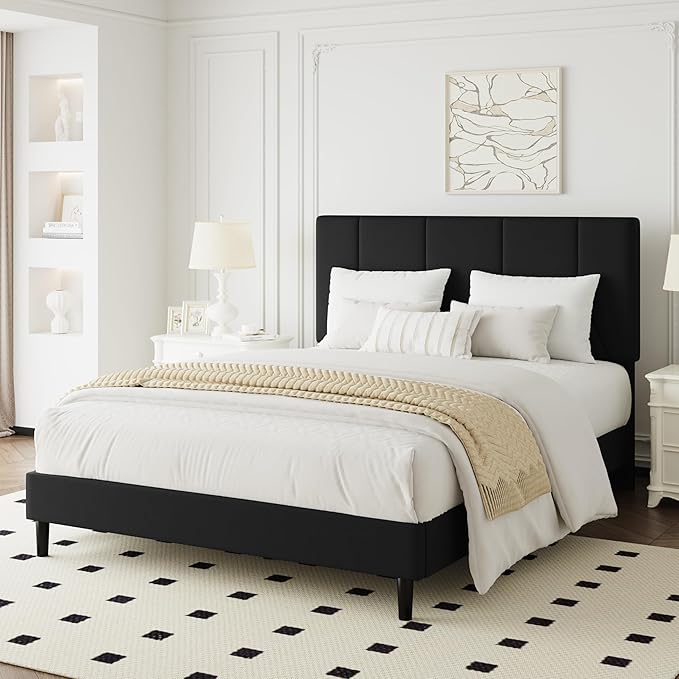 Full Bed Frame, Padded Platform Bed Frame with Velvet Headboard, Vertical Quilted Design, Sturdy Slatted Mattress Base, No Spring Mattress Required, Easy to Assemble, Black