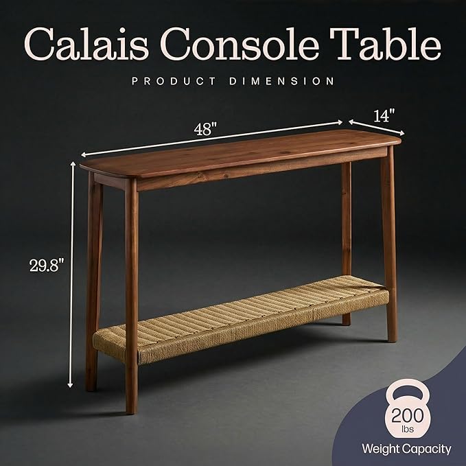 Alaterre Furniture Calais 48 Inch Solid Wood Entryway Table with Woven Storage Shelf – Mid Century Modern 2-Tier Sofa Table for Living Room, Hallway, or Foyer (Chestnut)