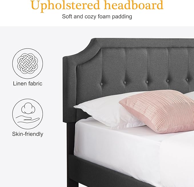 VECELO Queen Size Platform Bed Frame with Fabric Upholstered Headboard and Wooden Slats Support, No Box Spring Needed/Easy Assembly