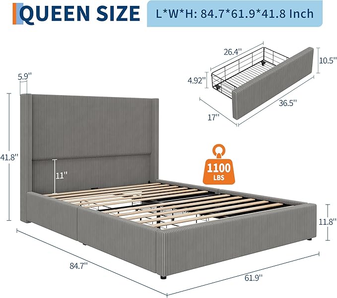 Garvee Bed Frame Queen Size with 4 Storage Drawer, Bed Frame with Headboard and Corduroy Vertical Channel Tufted Wingback, Sturdy Wooden Slats Support, Noise Free, Grey