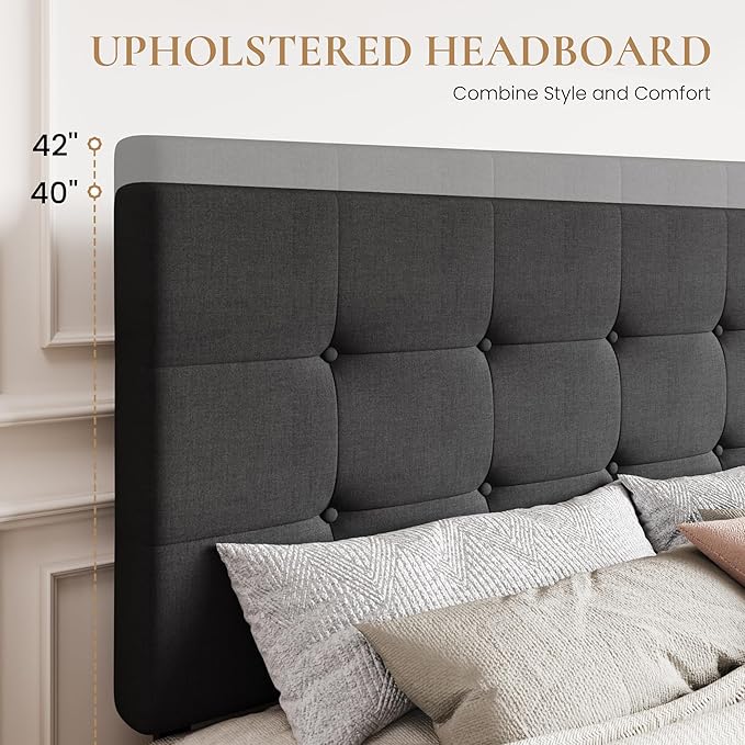 SHA CERLIN Upholstered Full Size Platform Bed Frame with 4 Storage Drawers, Adjustable Headboard with Square Stitched Button Tufted Design, Wooden Slat Support, No Box Spring Needed, Dark Grey