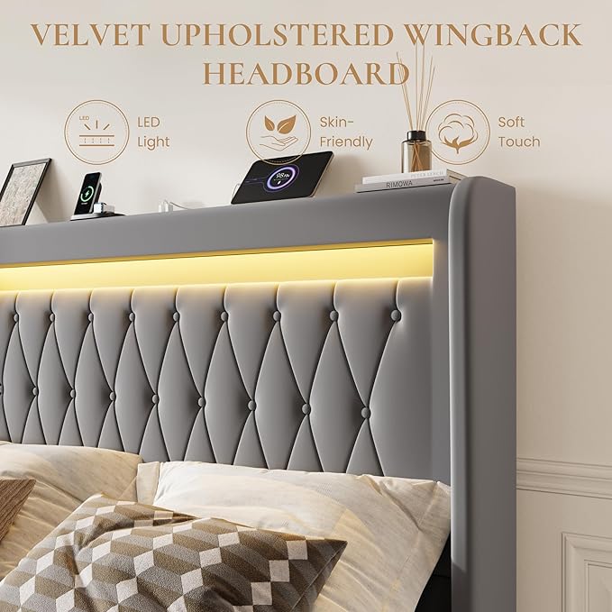 SHA CERLIN Full Size LED Bed Frame with Charging Station, Velvet Upholstered Platform Bed with High Wingback Headboard, No Box Spring Needed, Easy Assembly, Grey