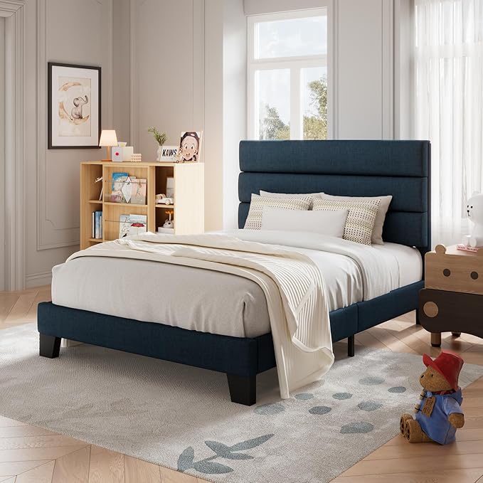 Allewie Twin Size Platform Bed Frame with Fabric Upholstered Headboard and Wooden Slats Support, Fully Upholstered Mattress Foundation/No Box Spring Needed/Easy Assembly, Navy Blue