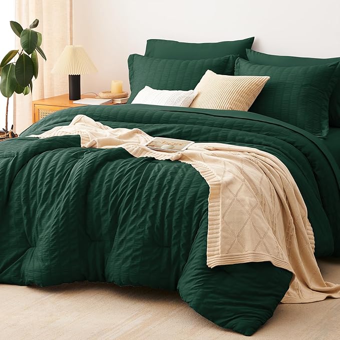CozyLux Queen Comforter Set Emerald Green Seersucker 7 Pieces Bed in a Bag Queen Comforter Set with Sheets, Luxury Bedding Sets with Down Alternative Comforter, Sheets, Pillowcases & Shams All Seasons
