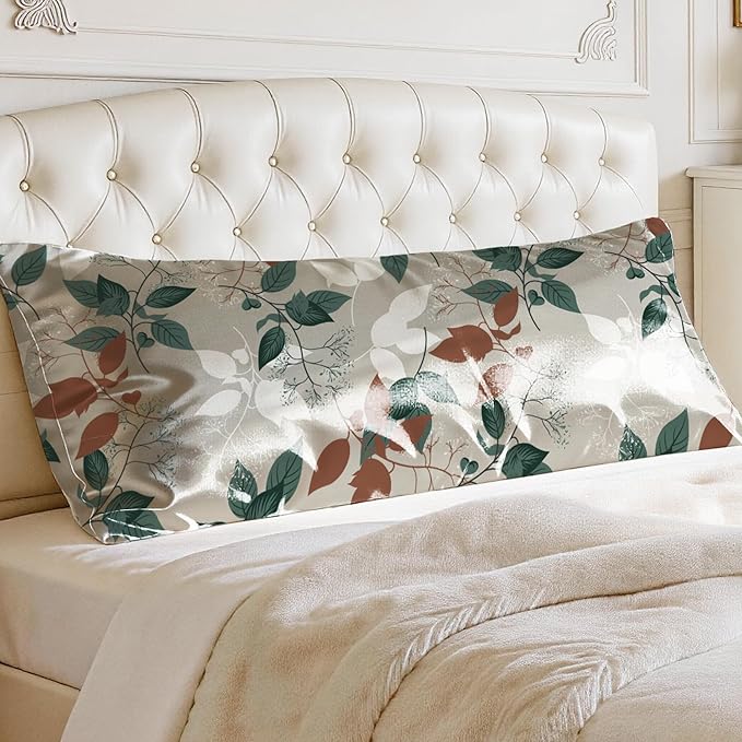 EXQ Home Satin Pillowcase for Hair and Skin - Printed Green Leaves Silk Body Pillowcase 20x54 inches - Body Pillow Cases with Envelope Closure, Gifts for Women Men