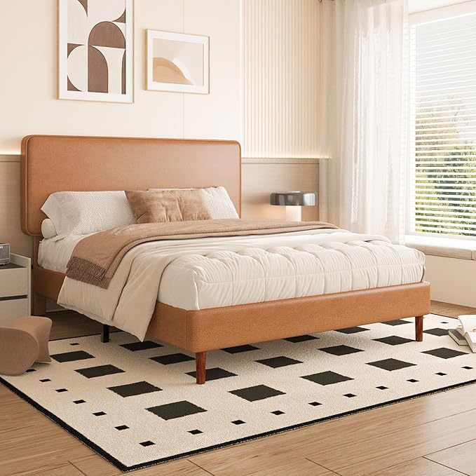 Queen Size Leather Platform Bed Frame with Adjustable Upholstered Headboard, Solid Wooden Legs, No Box Spring Needed, Easy Assembly, Noise Free, Orange-Brown
