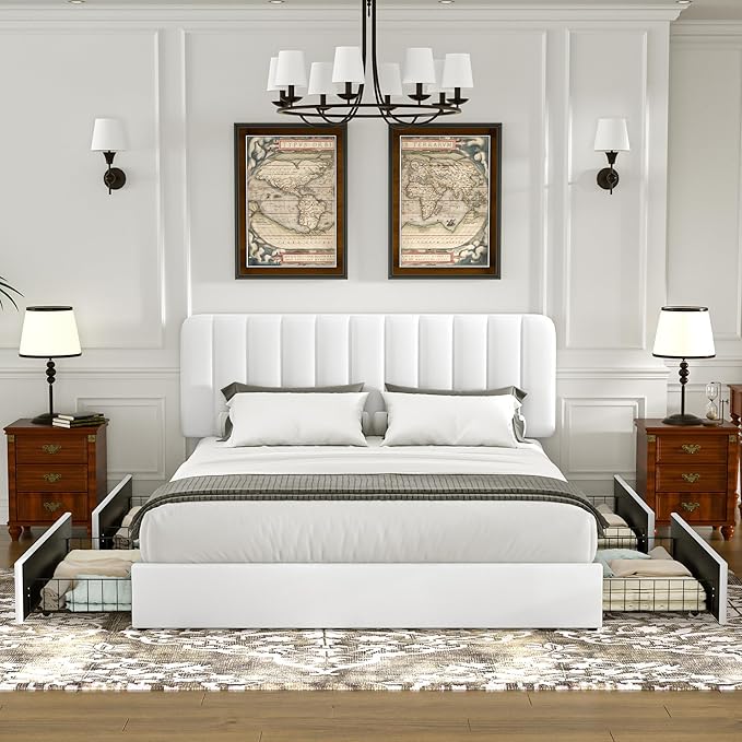 VECELO Queen Size Upholstered Bed Frame with 4 Drawers and Headboard, Velvet Platform Storage Bedframe, Wooden Slats Support, No Box Spring Needed,White