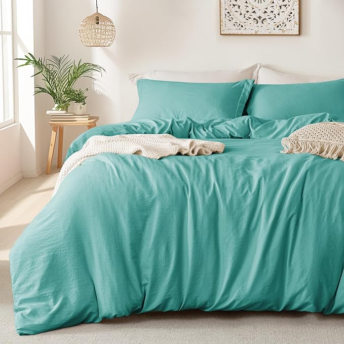 MILDLY Super Soft Duvet Cover - 100% Washed Microfiber Turquoise Comforter Cover Set 3 Pieces with Zipper Closure & Corner Ties (No Comforter)