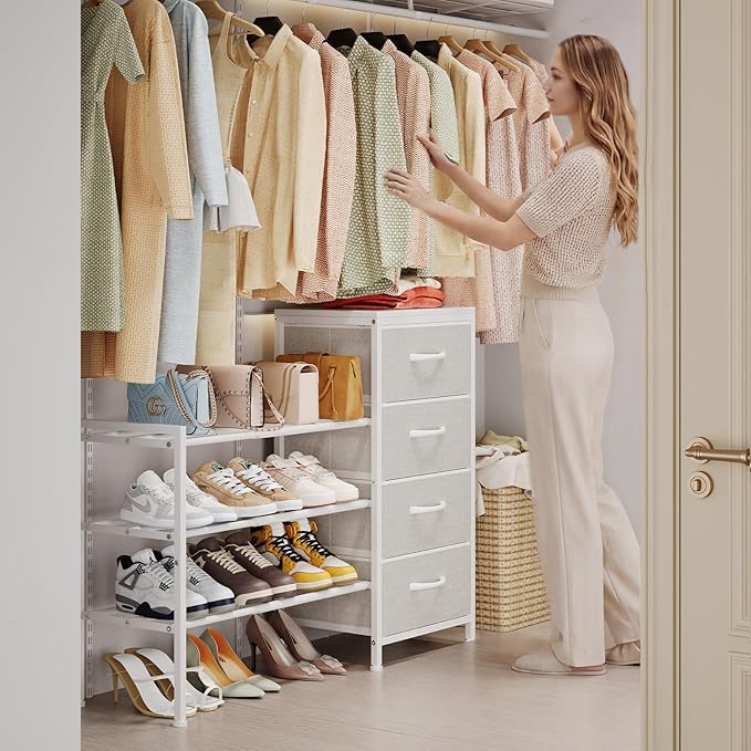 Cidaziya Expandable Closet Organizers and Storage, 4 Drawer Dresser, White Fabric Storage Dresser, Clothes Shelves for Kids, Purse Organizer Small Shoe Rack for Closet Bedroom