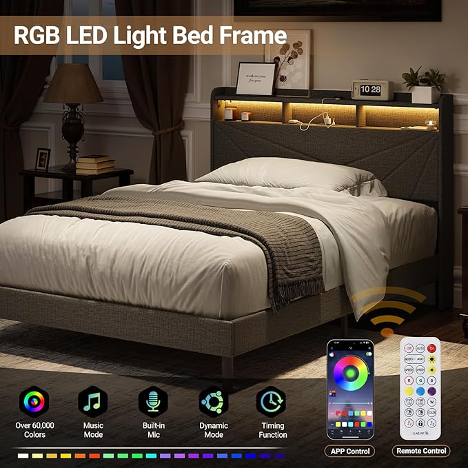COLAMY Full Size Bed Frame with Charging Station & LED Lights, Upholstered Headboard with 2-Tier Storage, Heavy Duty Metal Platform Bed with Wood Slats, No Box Spring, Noise-Free, Easy Assembly, Grey
