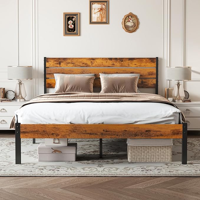 OLIXIS Queen Size Bed Frame with Headboard, 800LBS Bed Base with All Sturdy Metal Support, Under Bed Storage, No Box Spring Needed, Easy Assembly, Rust Brown