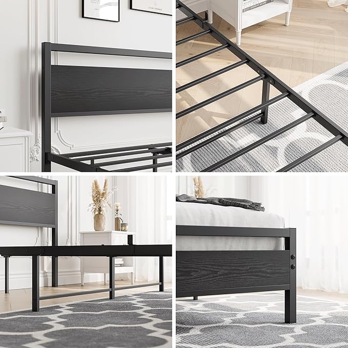 HOJINLINERO Full Size Bed Frame with Headboard,Platform Metal Bed Frame Full Size,Black Wood Bed Frame No Box Spring Needed Heavy Duty Metal Slats Support,Mattress Beds Base,Noise Free,Easy Assembly