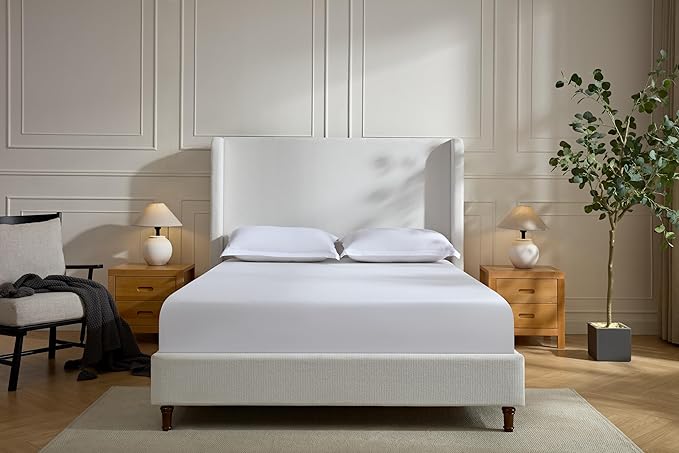GDFStudio Tall Headboard Upholstered Bed,King Size Platform Bed Frame with Headboard Wingback,54" High No Box Spring Needed Easy Assembly Elegant Simplicity Cream White Chenille